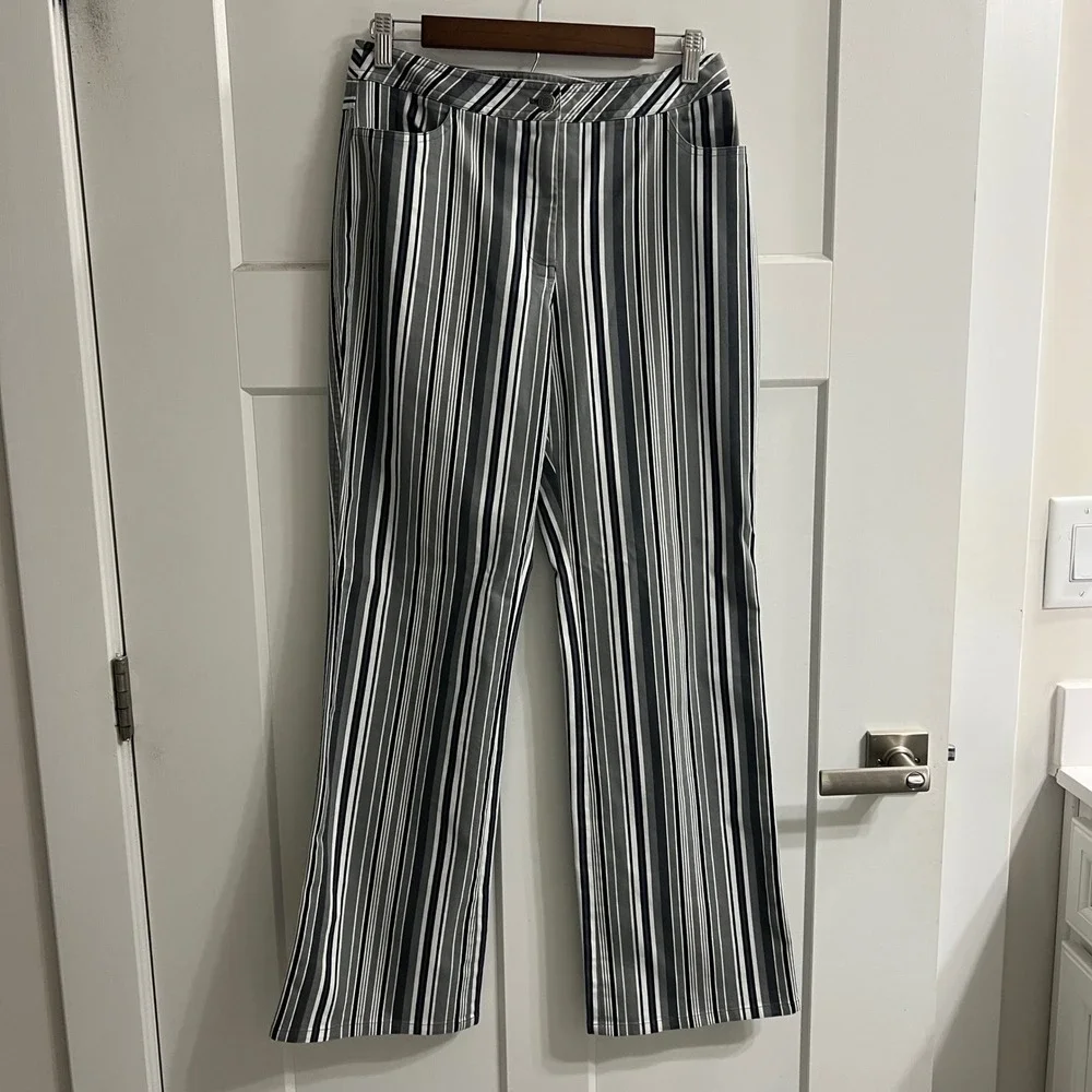 Caslon Women Grey White Black Striped Straight Leg Trousers Pants‎ Sz 8 Retro